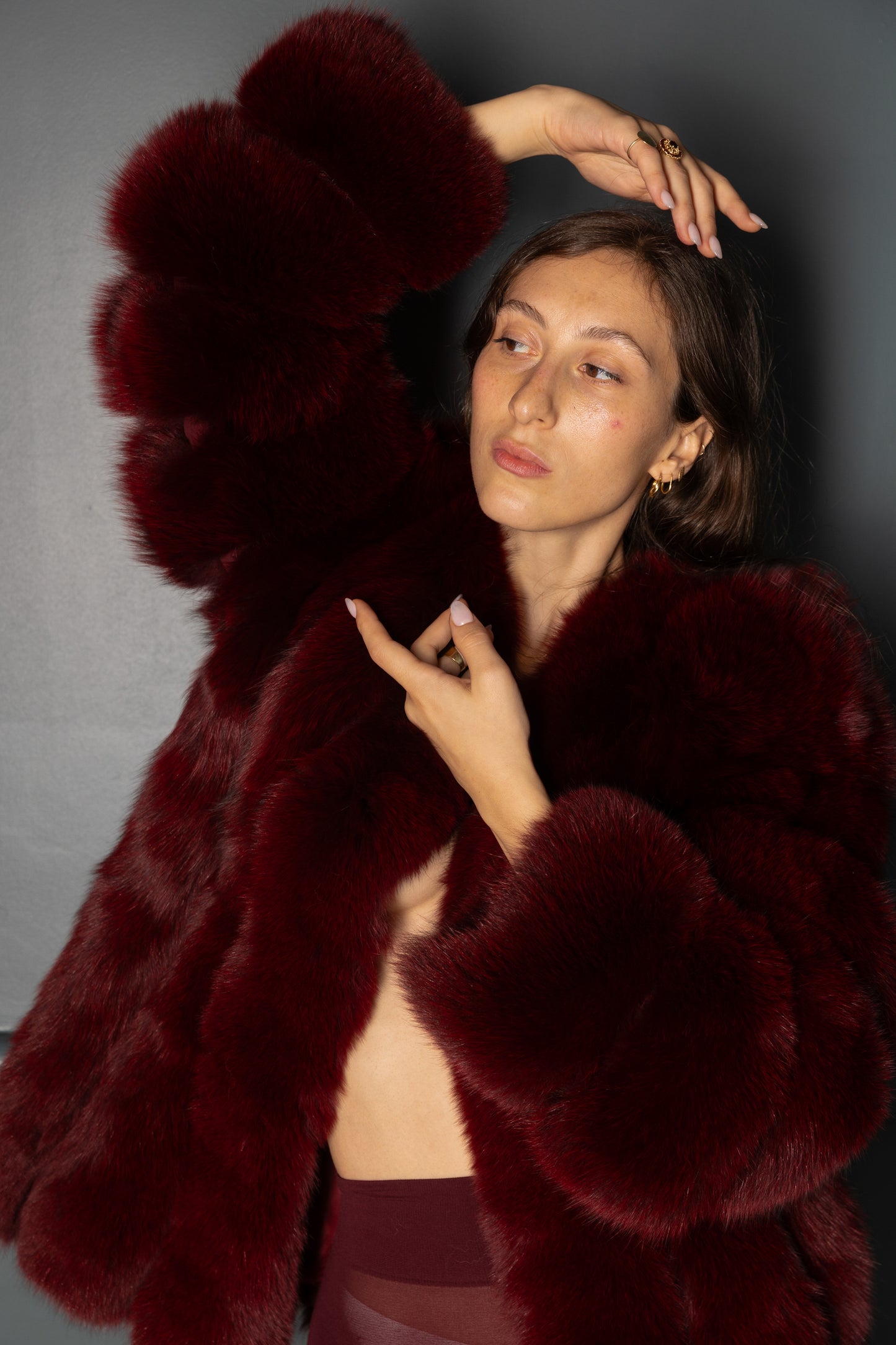 Real Fur Long Sleeve Burgundy Jacket