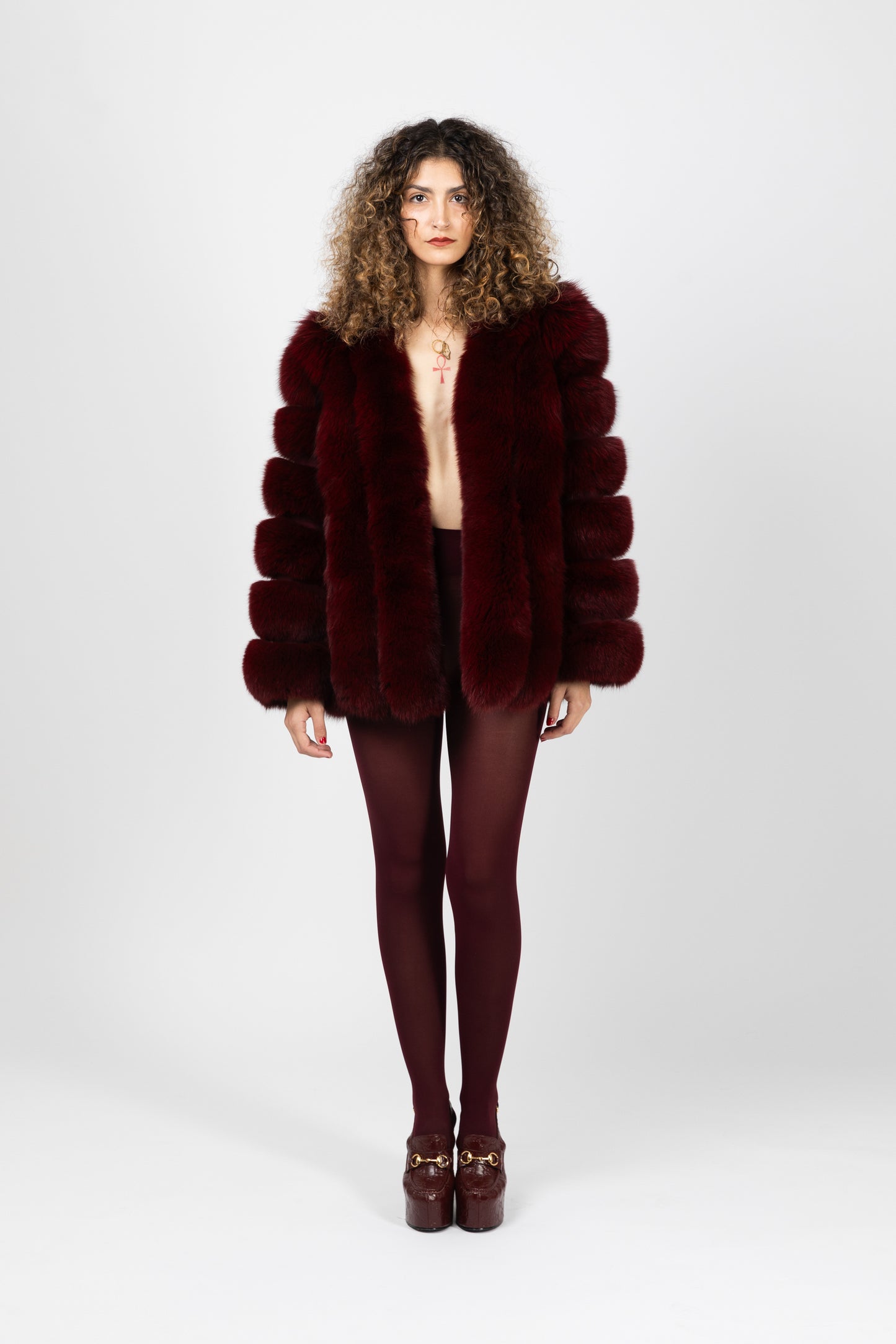 Real Fur Long Sleeve Burgundy Jacket