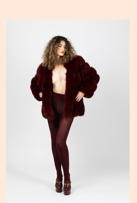 Real Fur Long Sleeve Burgundy Jacket