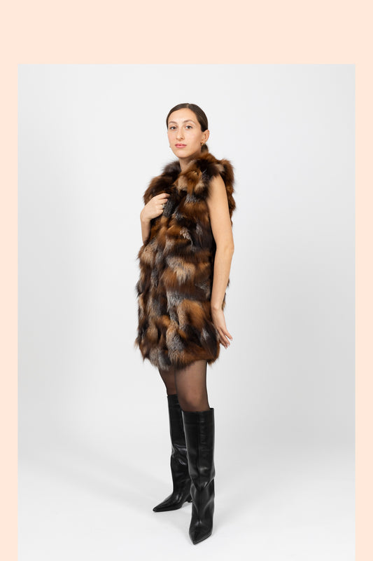 Real Fur Sleeveless Brown Coat