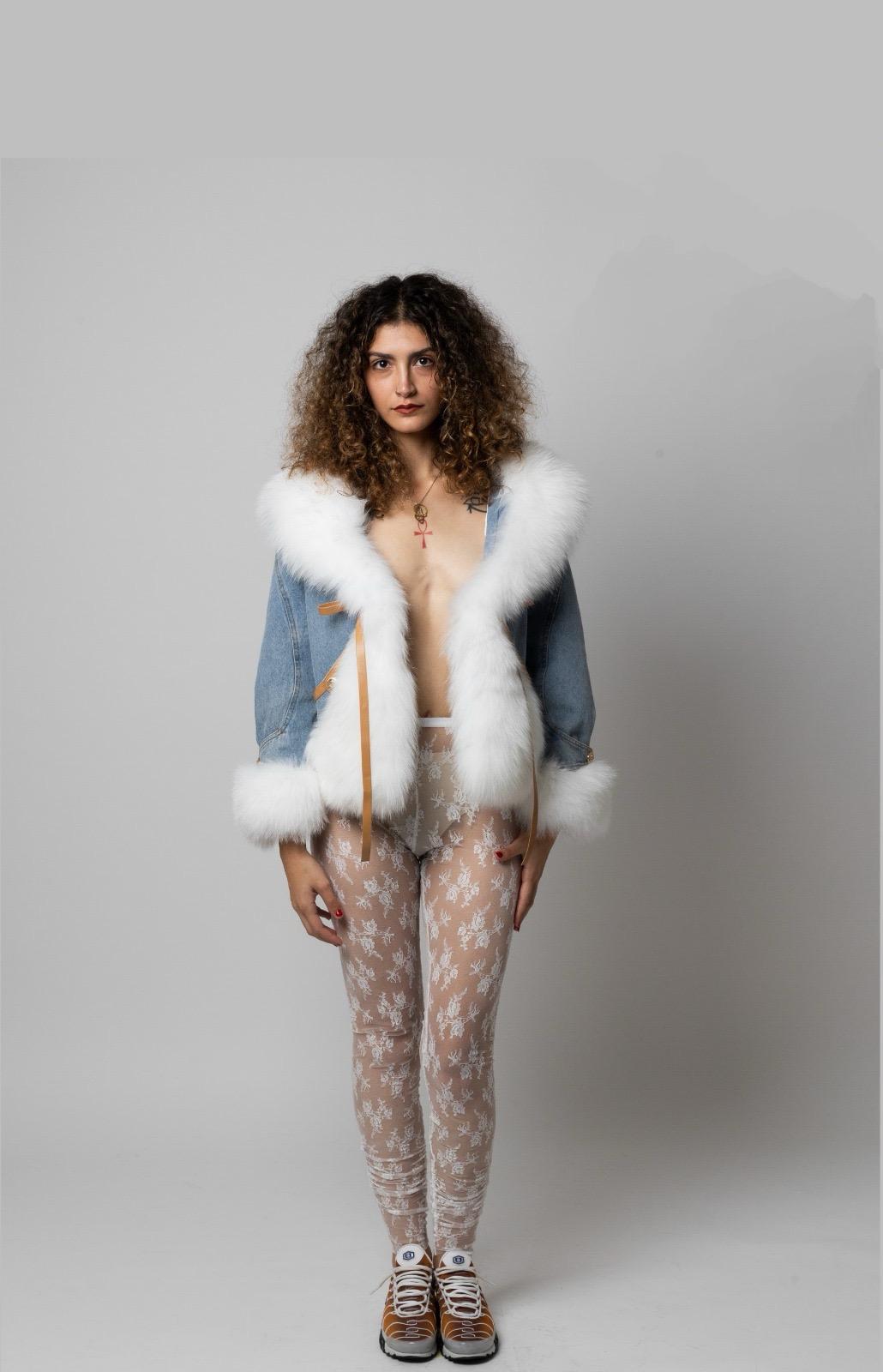 Real Fur and Denim Long Sleeve Jacket