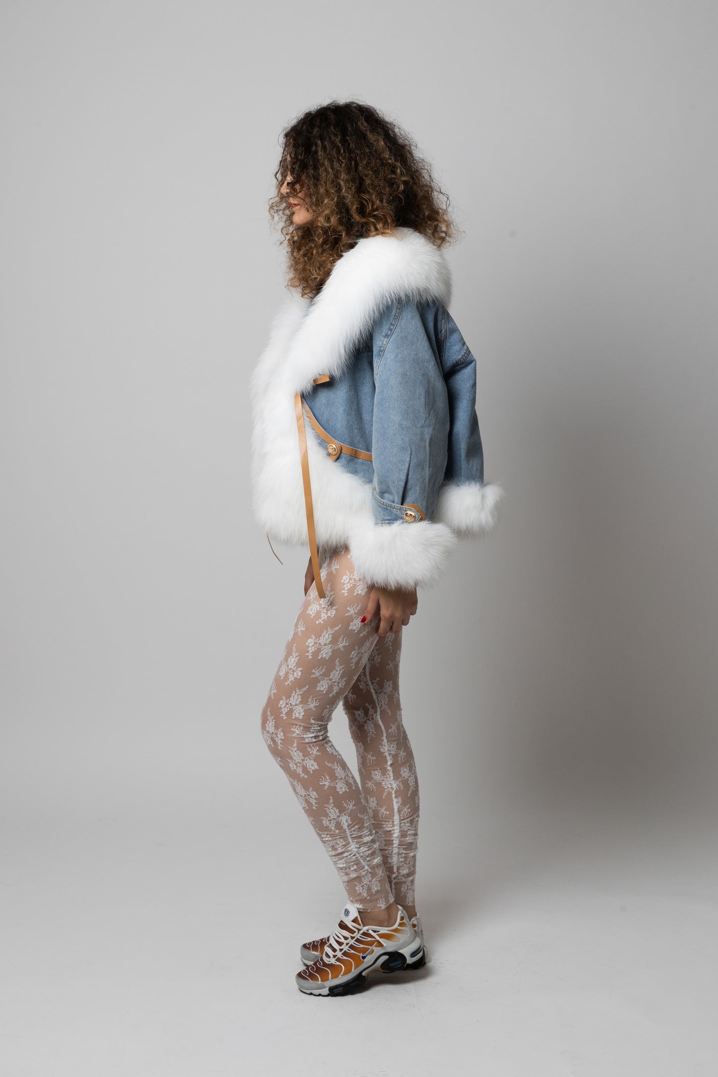 Real Fur and Denim Long Sleeve Jacket