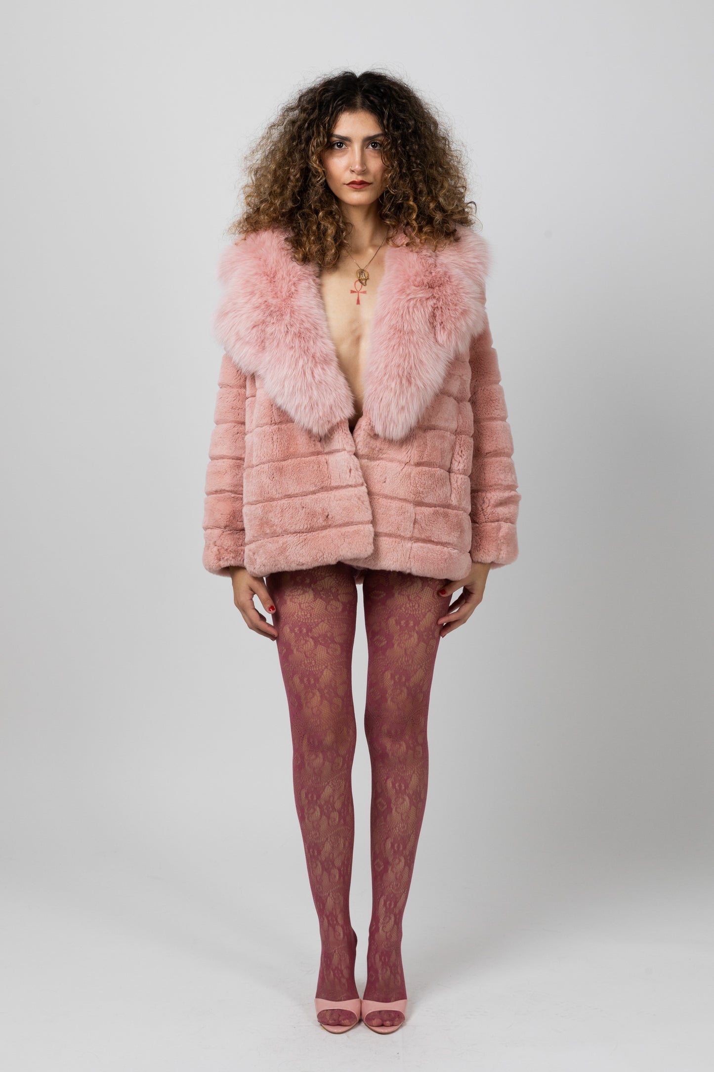 Real Fur Long Sleeve Pink Jacket