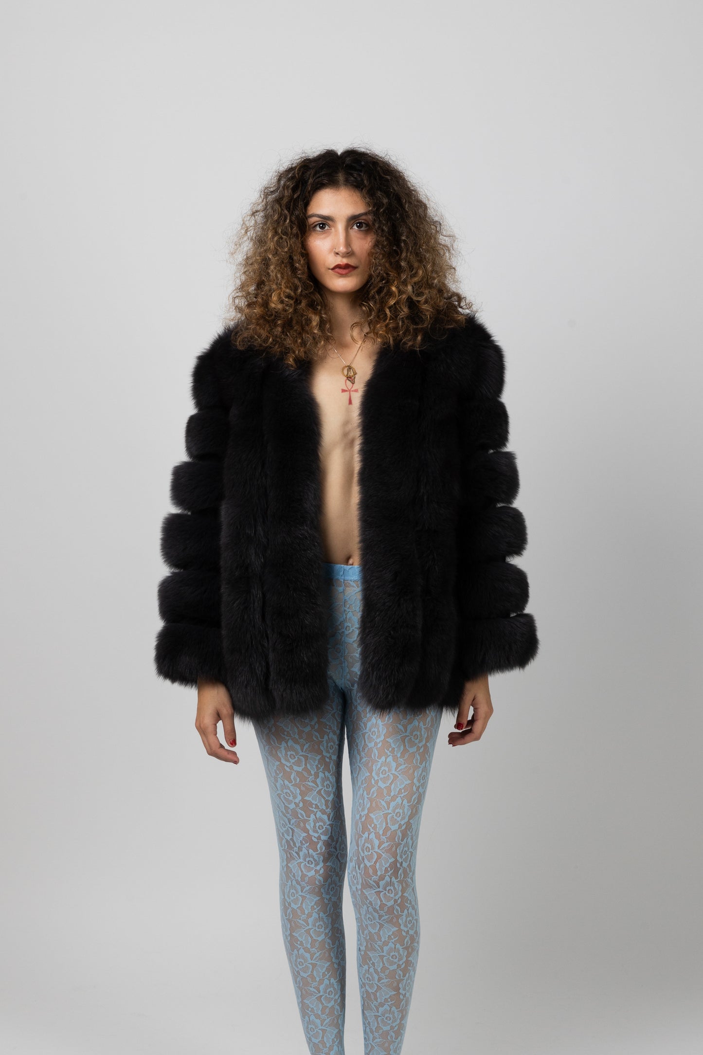 Real Fur Long Sleeve Black Jacket